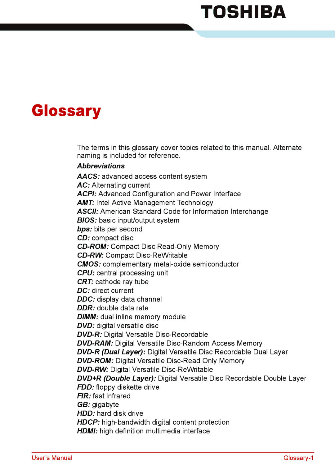 Toshiba Satellite M300/M300D/ L310/L310D Satellite Pro M300/M300D/ L310/L310D user manual Glossary, Abbreviations 