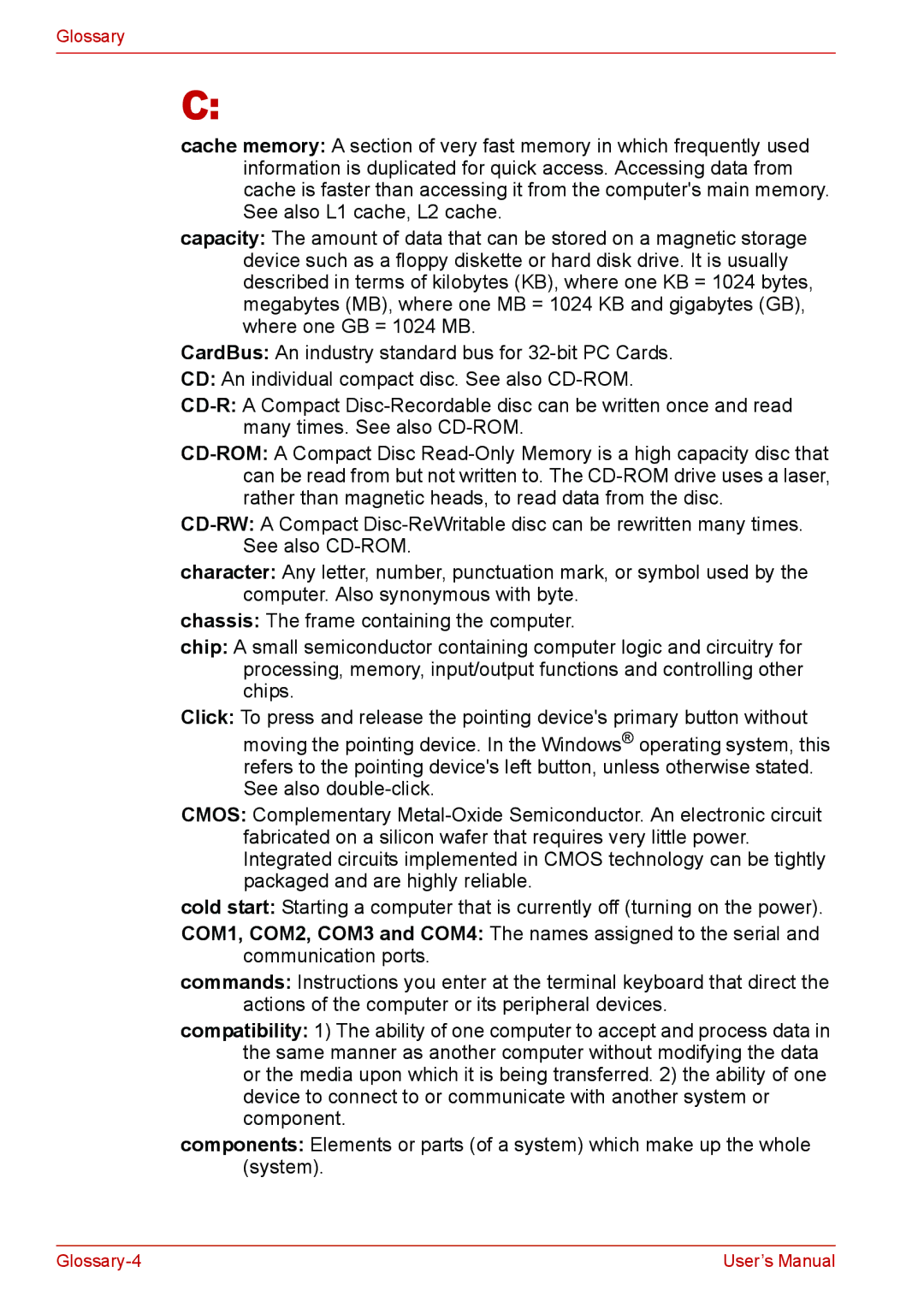 Toshiba Satellite M300/M300D/ L310/L310D Satellite Pro M300/M300D/ L310/L310D user manual Glossary-4 User’s Manual 