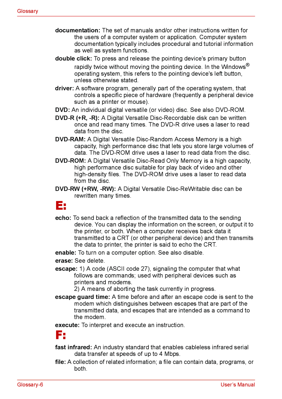 Toshiba Satellite M300/M300D/ L310/L310D Satellite Pro M300/M300D/ L310/L310D user manual Glossary-6 User’s Manual 