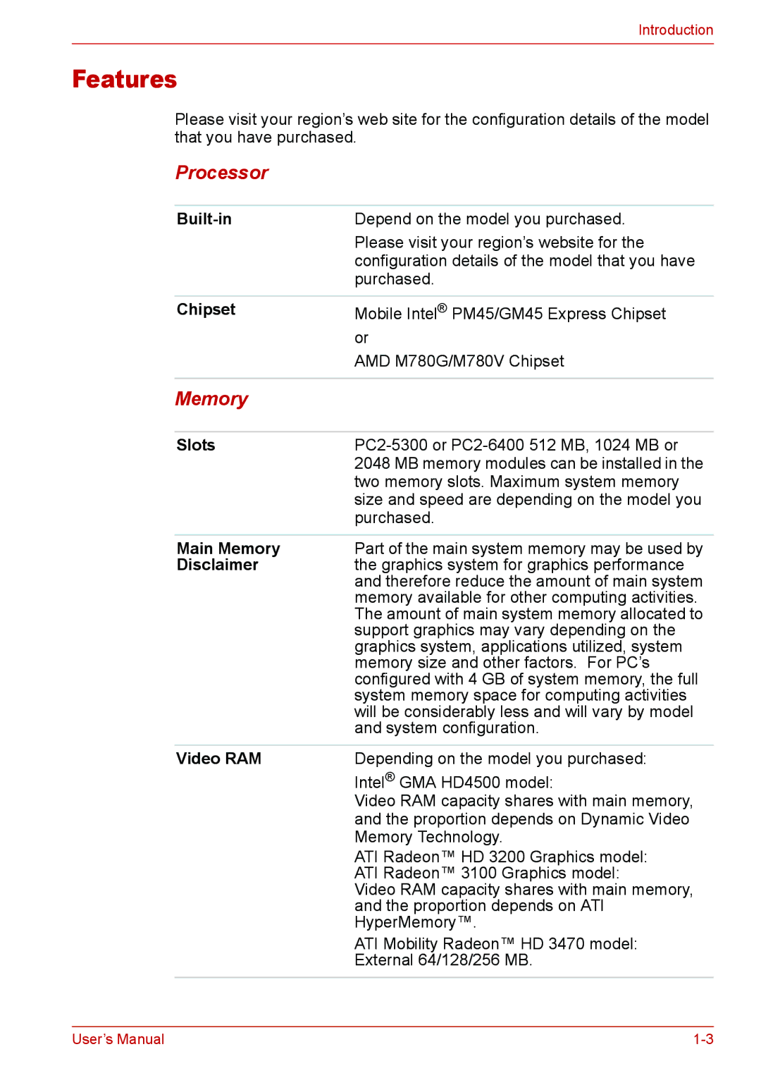 Toshiba Satellite M300/M300D/ L310/L310D Satellite Pro M300/M300D/ L310/L310D user manual Features, Processor, Memory 