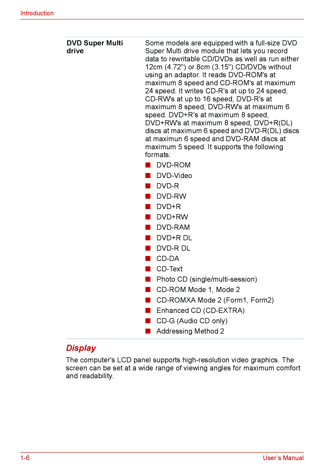 Toshiba Satellite M300/M300D/ L310/L310D Satellite Pro M300/M300D/ L310/L310D user manual Display 