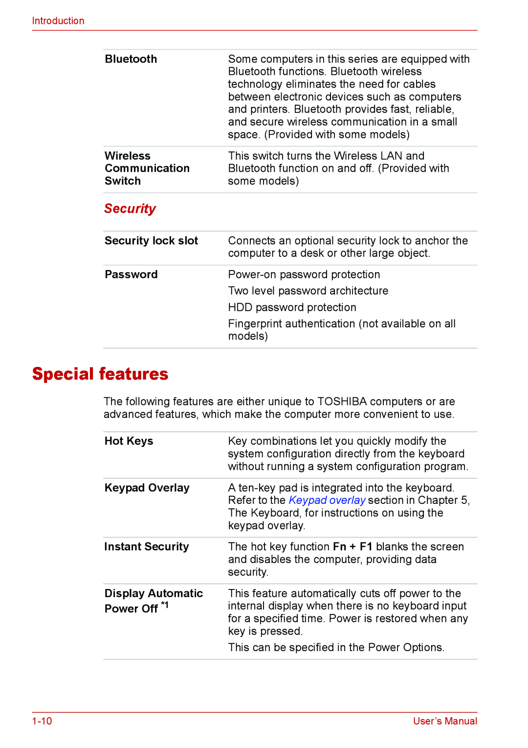 Toshiba Satellite M300/M300D/ L310/L310D Satellite Pro M300/M300D/ L310/L310D user manual Special features, Security 