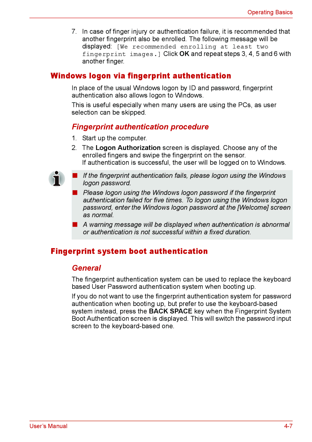 Toshiba Satellite M300/M300D/ L310/L310D Satellite Pro M300/M300D/ L310/L310D Windows logon via fingerprint authentication 