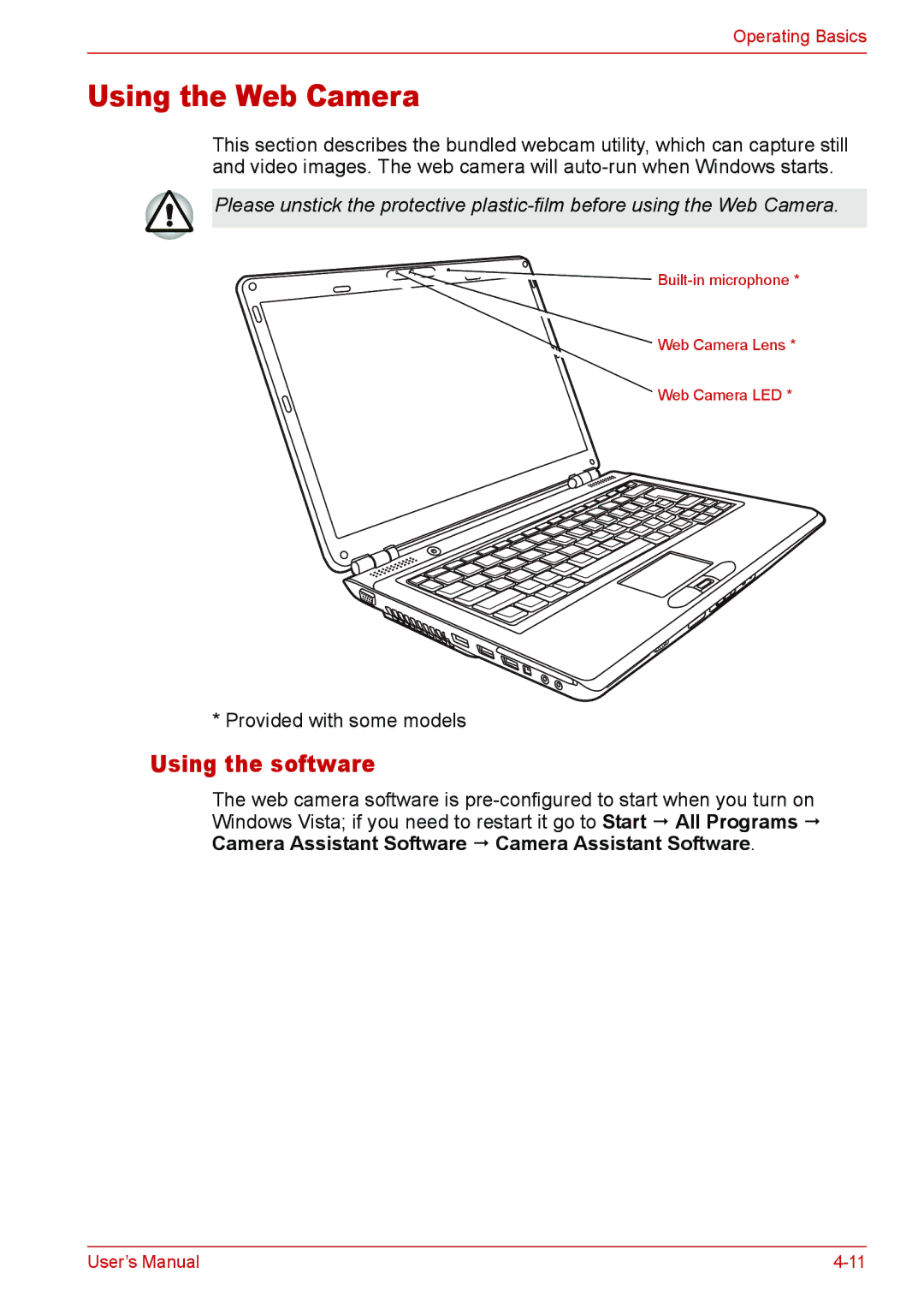 Toshiba Satellite M300/M300D/ L310/L310D Satellite Pro M300/M300D/ L310/L310D Using the Web Camera, Using the software 