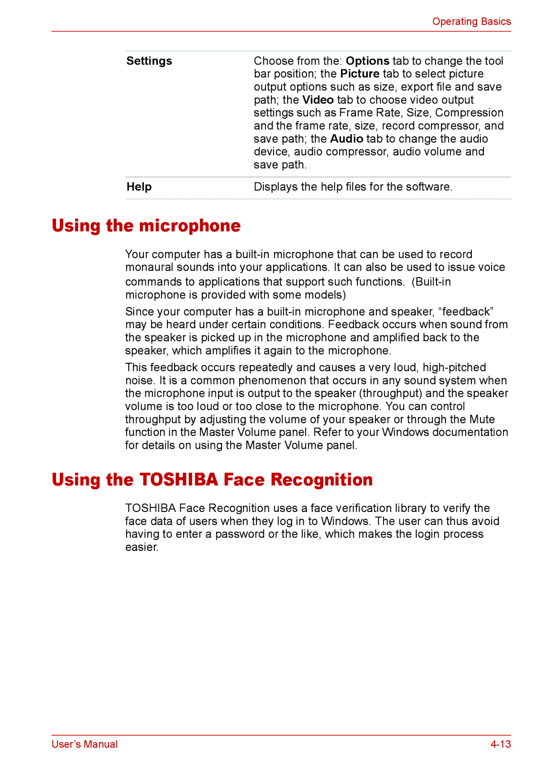 Toshiba Satellite M300/M300D/ L310/L310D Satellite Pro M300/M300D/ L310/L310D Using the microphone, Settings, Help 