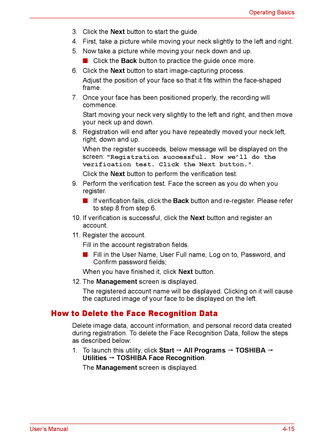 Toshiba Satellite M300/M300D/ L310/L310D Satellite Pro M300/M300D/ L310/L310D How to Delete the Face Recognition Data 