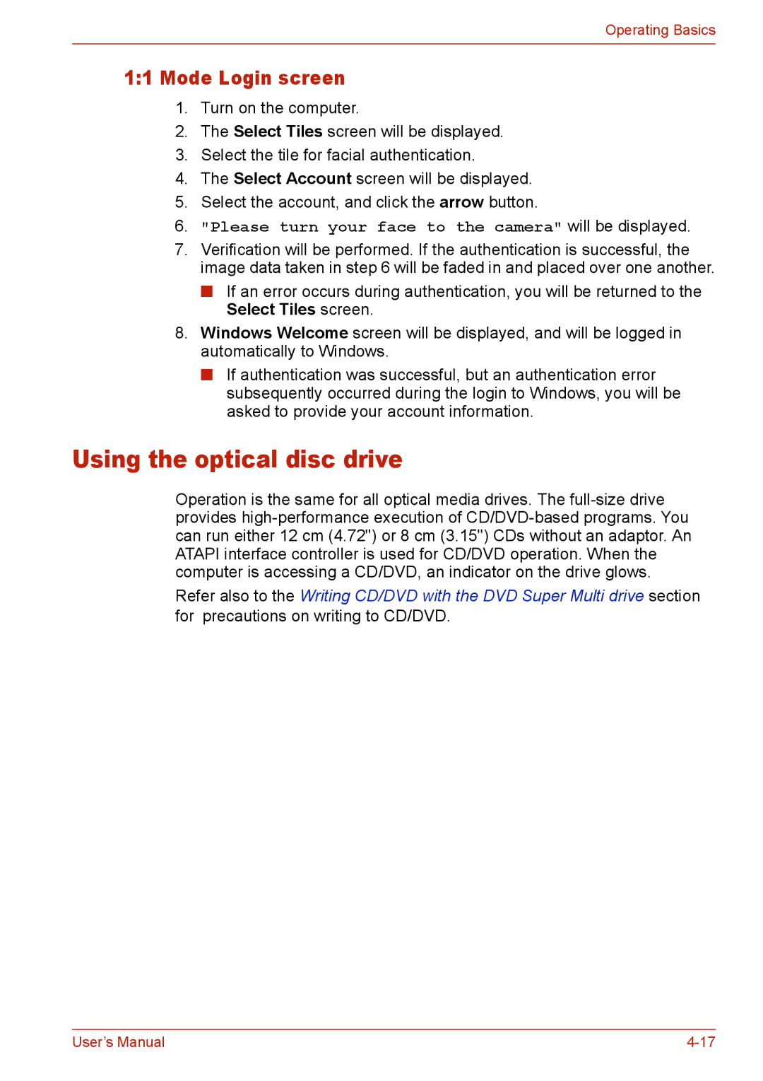 Toshiba Satellite M300/M300D/ L310/L310D Satellite Pro M300/M300D/ L310/L310D user manual Using the optical disc drive 