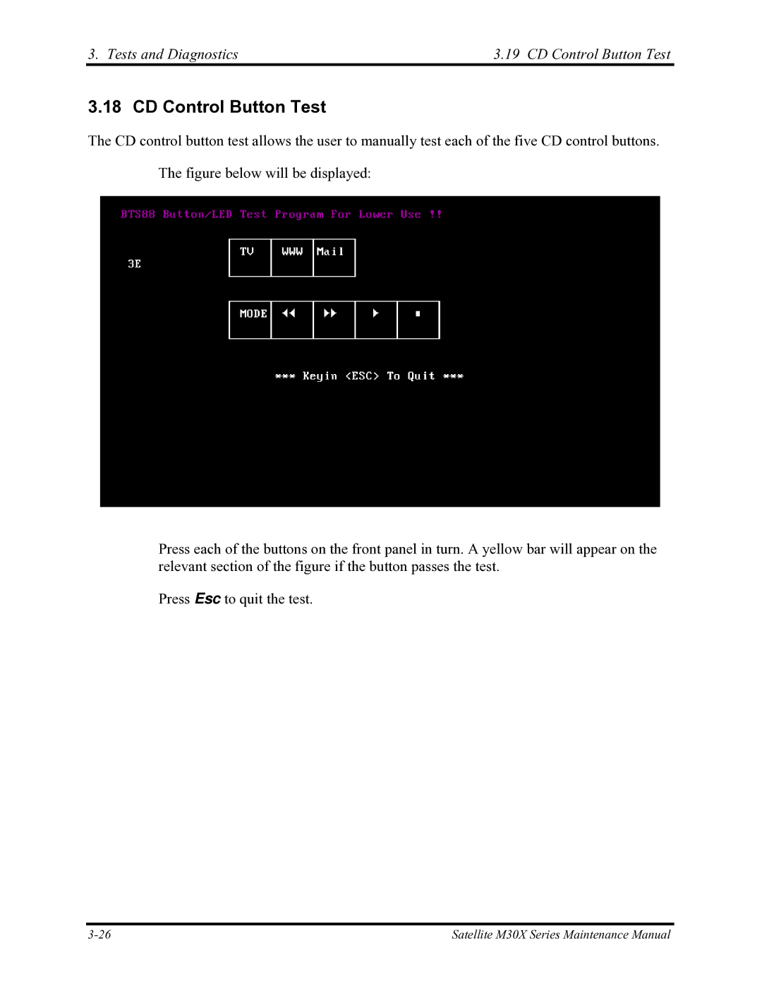 Toshiba Satellite M30X manual Tests and Diagnostics CD Control Button Test 