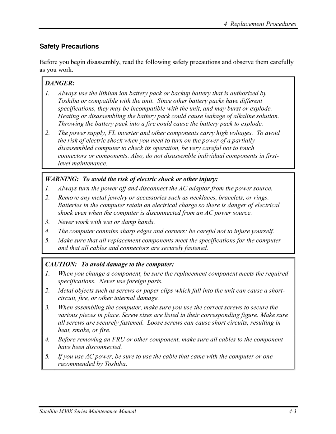 Toshiba Satellite M30X manual Safety Precautions 