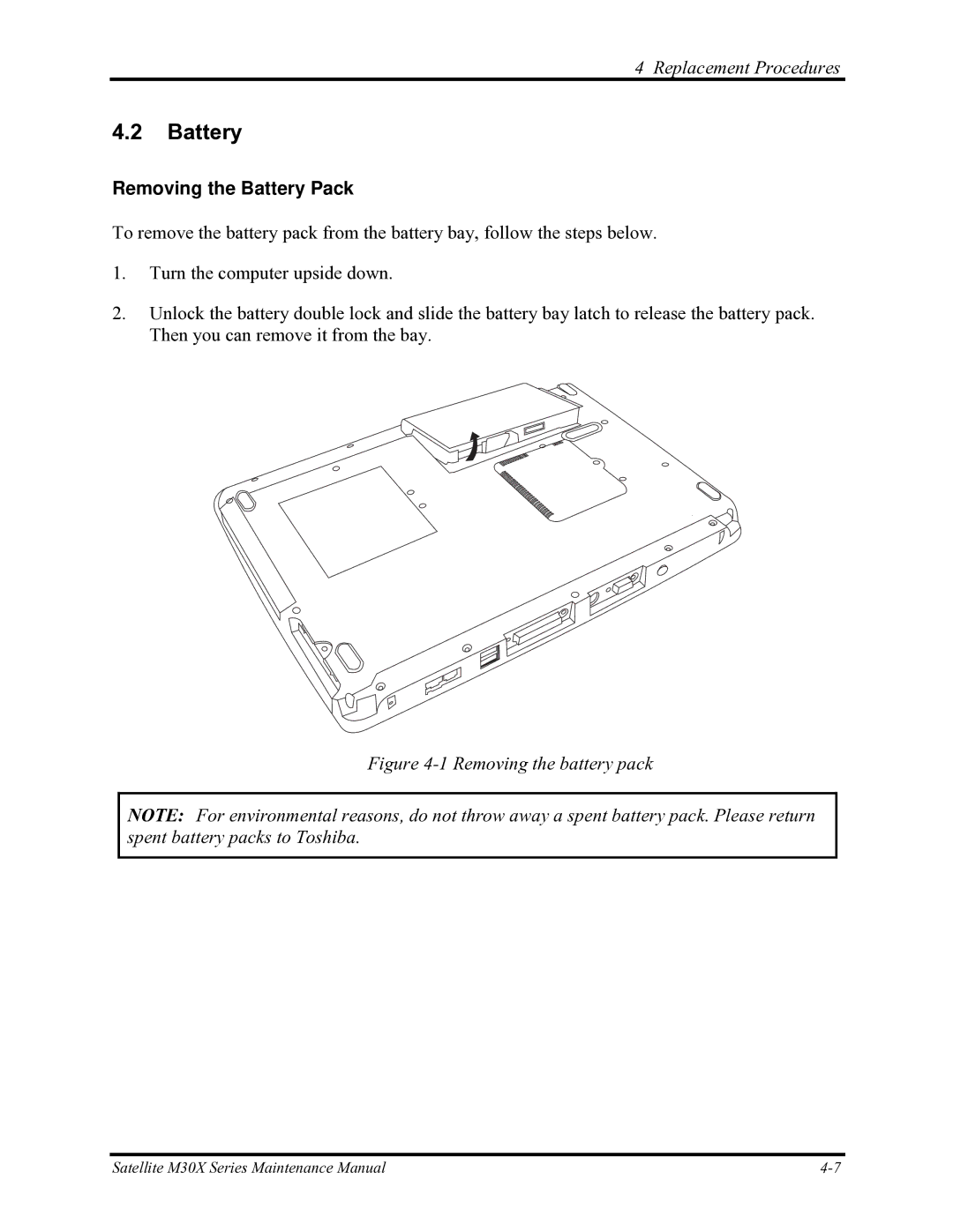 Toshiba Satellite M30X manual Removing the Battery Pack 