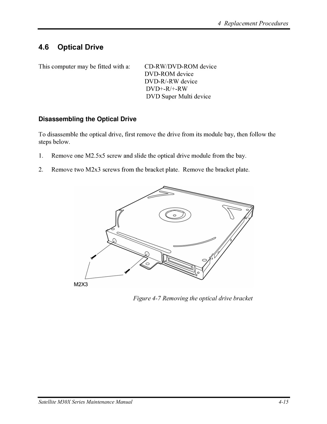 Toshiba Satellite M30X manual Disassembling the Optical Drive 