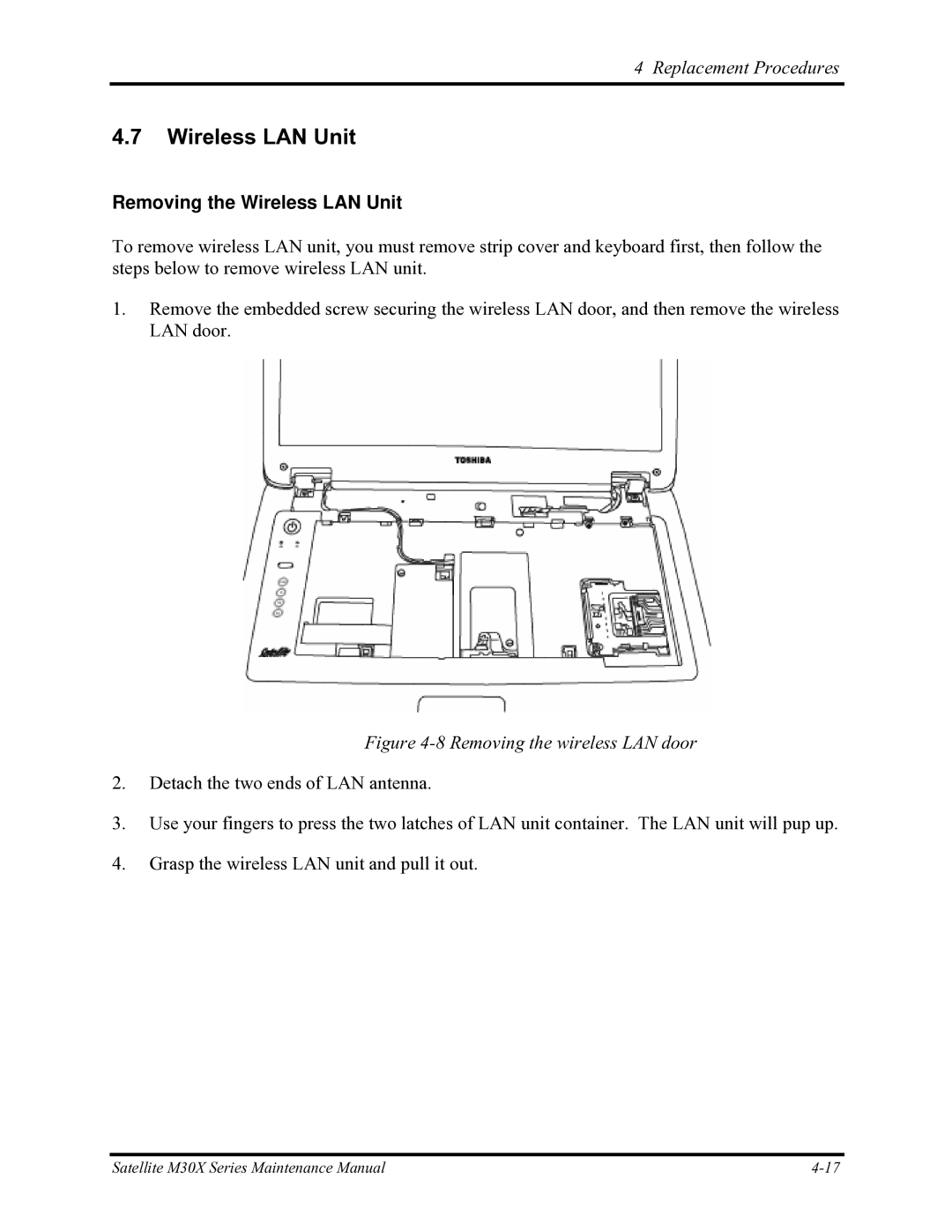 Toshiba Satellite M30X manual Removing the Wireless LAN Unit 