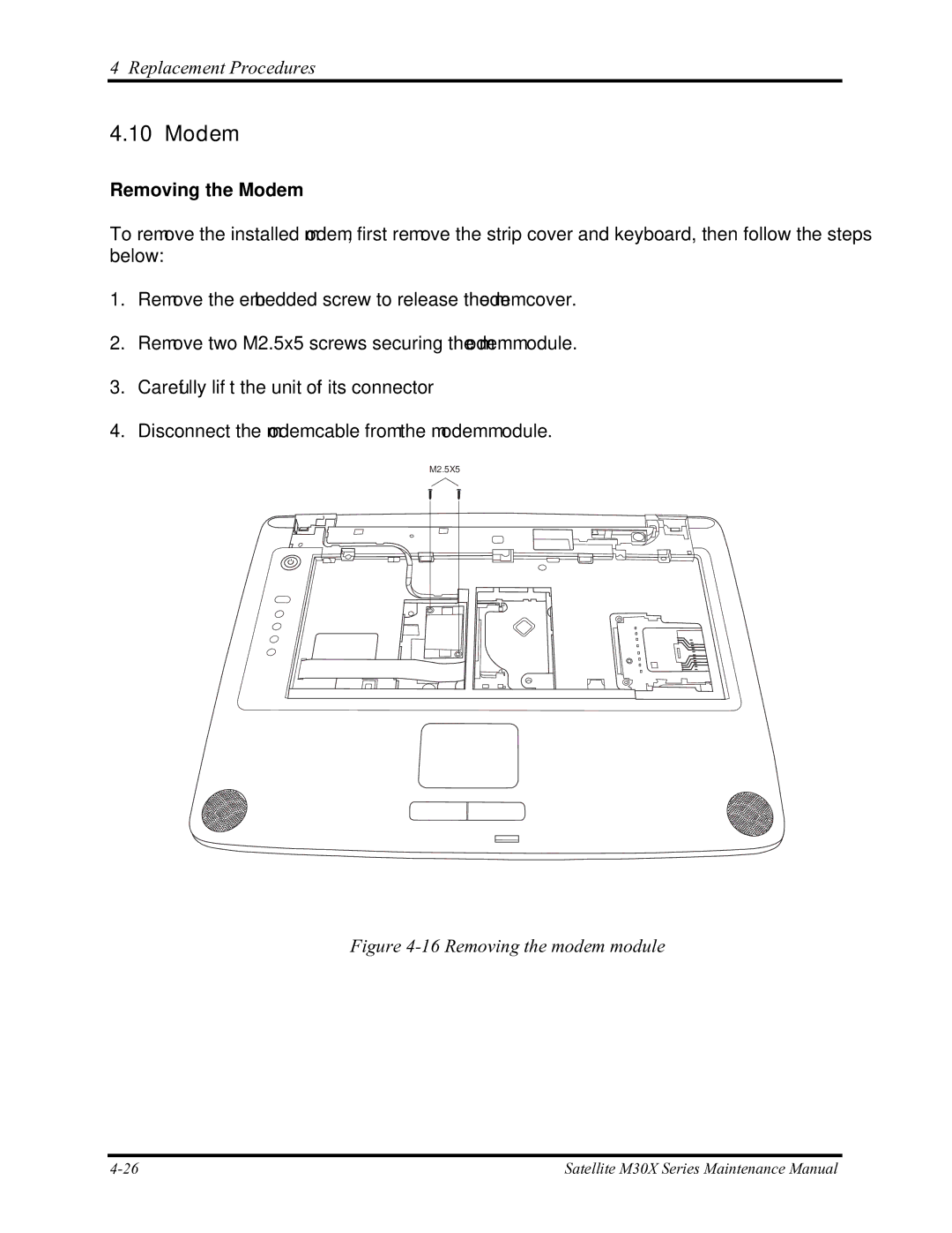 Toshiba Satellite M30X manual Removing the Modem 