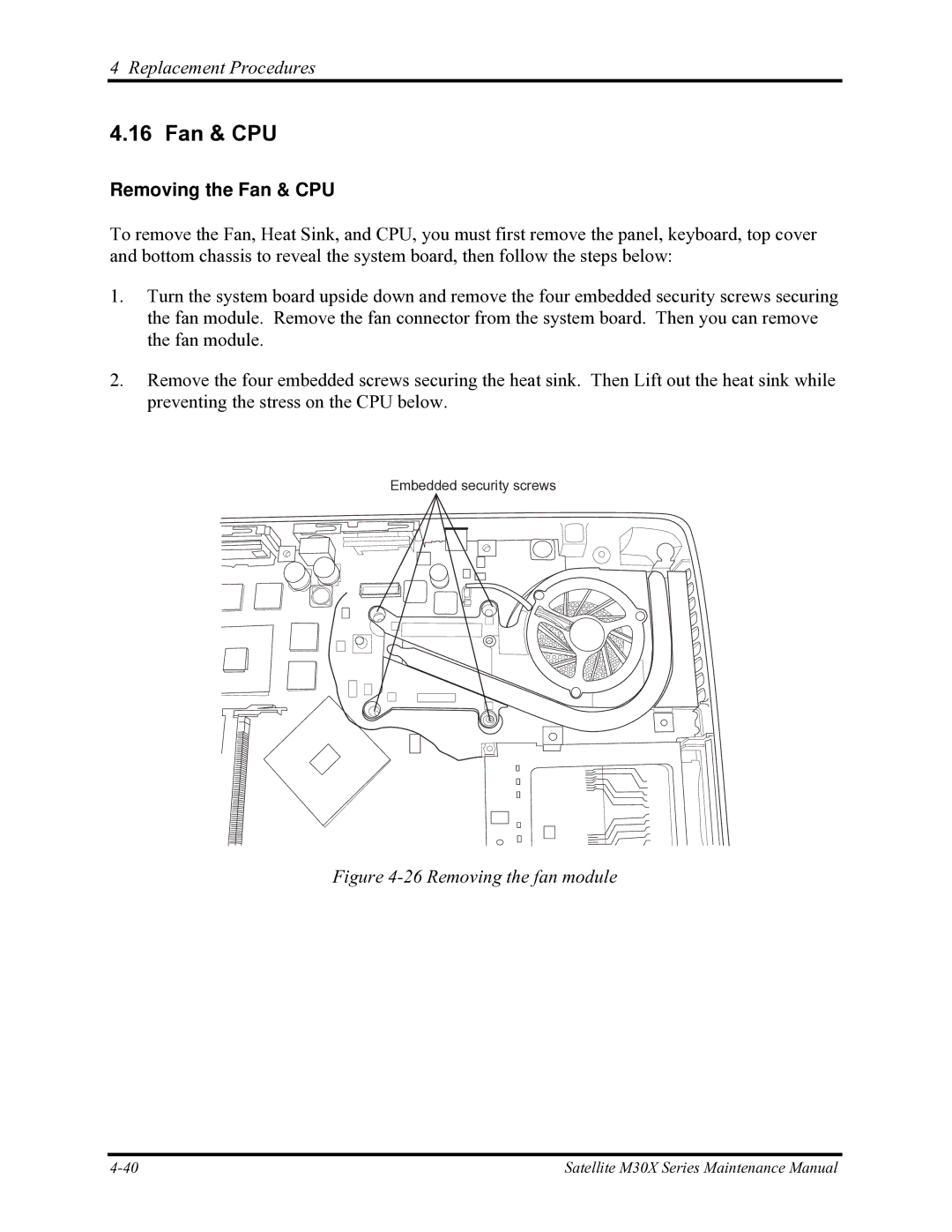 Toshiba Satellite M30X manual Removing the Fan & CPU 