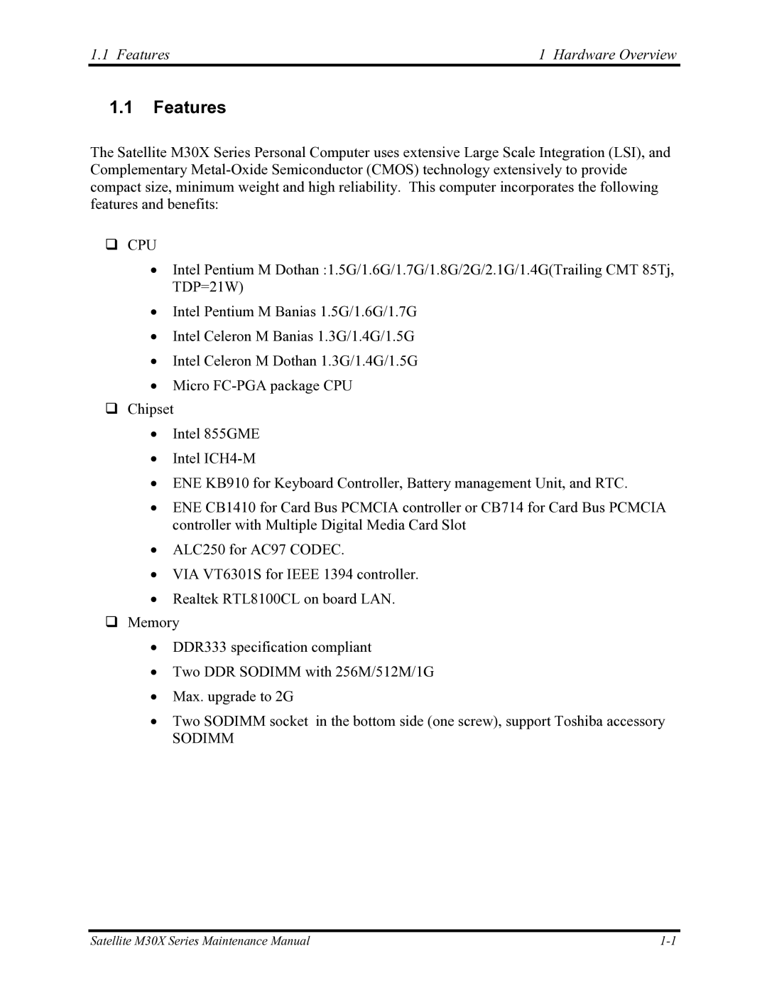 Toshiba Satellite M30X manual Features Hardware Overview 