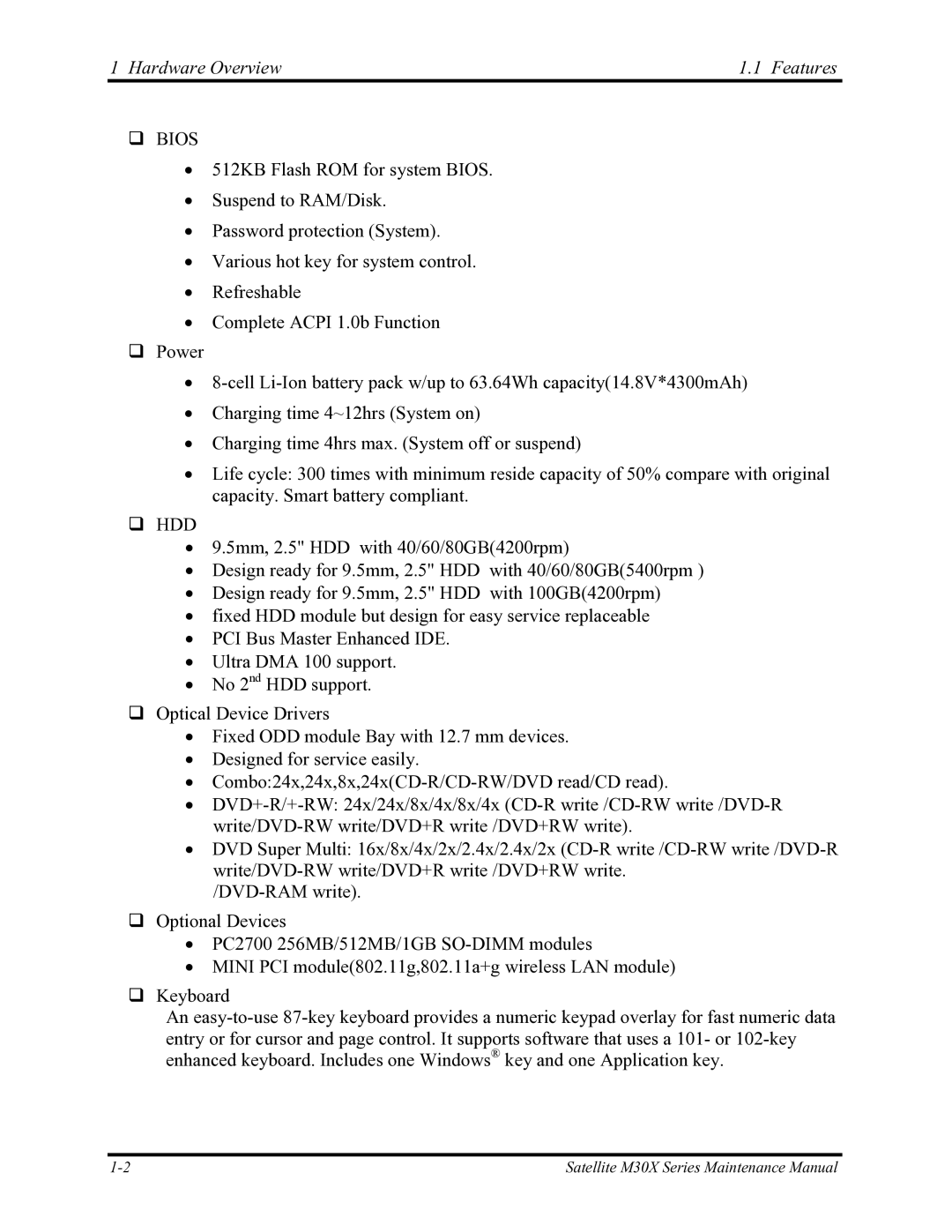 Toshiba Satellite M30X manual Hardware Overview Features, ‰ Bios 