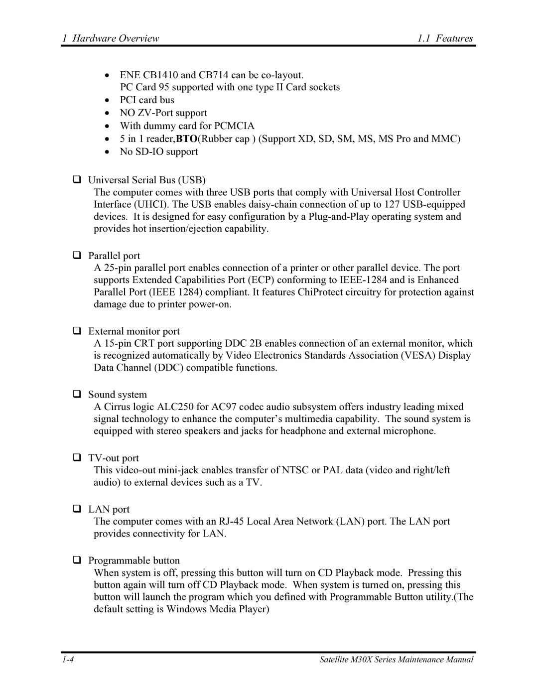 Toshiba Satellite M30X manual Hardware Overview Features 