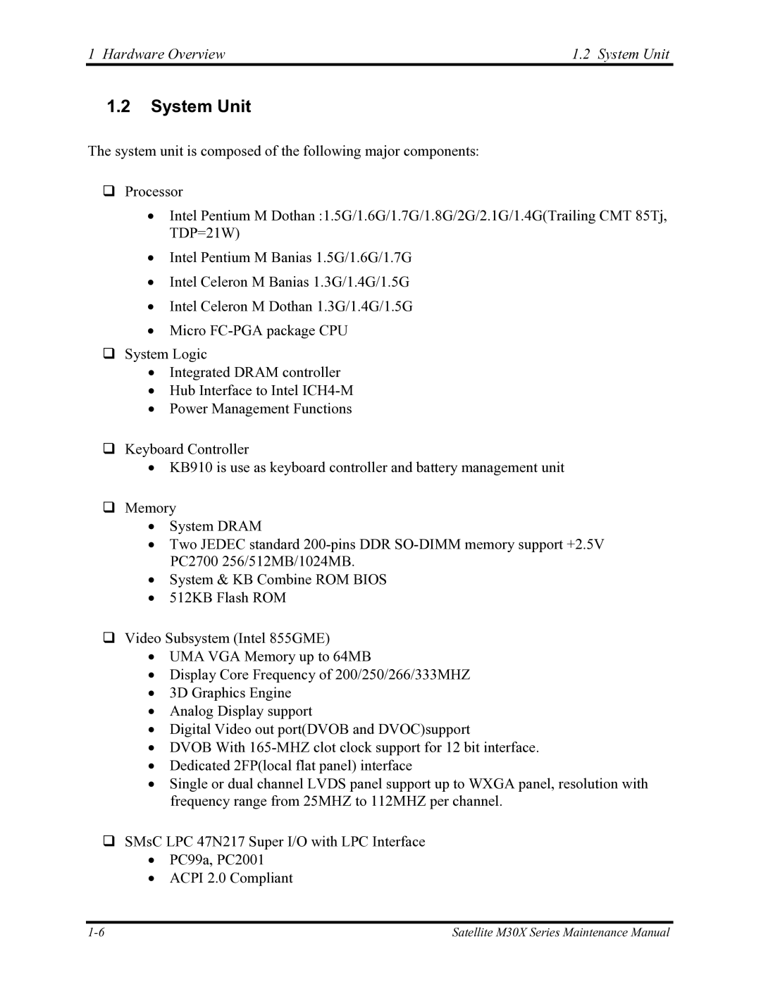 Toshiba Satellite M30X manual Hardware Overview System Unit 