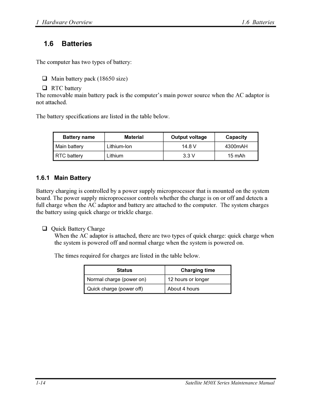 Toshiba Satellite M30X manual Hardware Overview Batteries, Main Battery 