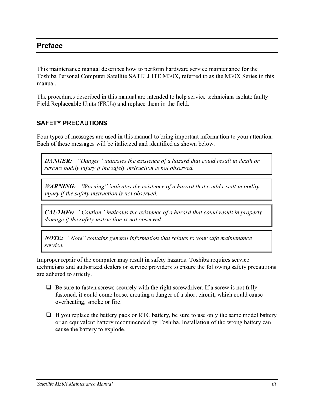 Toshiba Satellite M30X manual Preface, Safety Precautions 