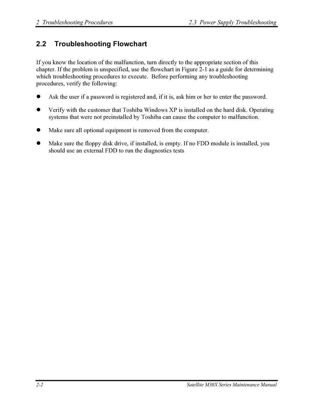 Toshiba Satellite M30X manual Troubleshooting Flowchart, Troubleshooting Procedures Power Supply Troubleshooting 