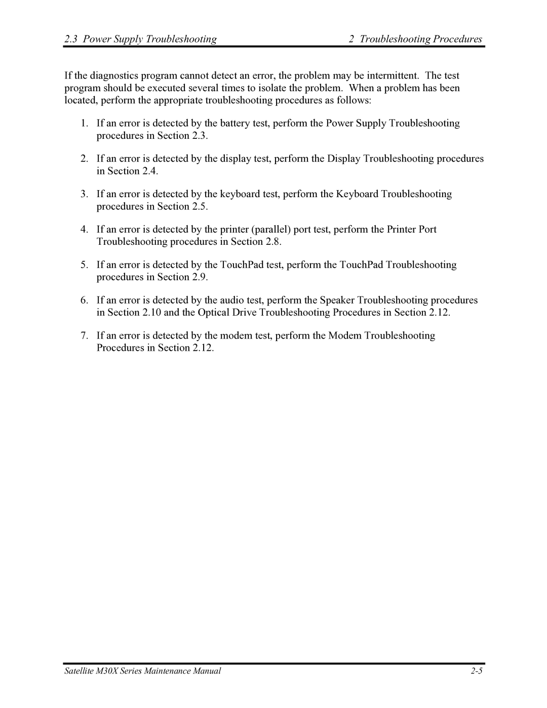 Toshiba Satellite M30X manual Power Supply Troubleshooting Troubleshooting Procedures 