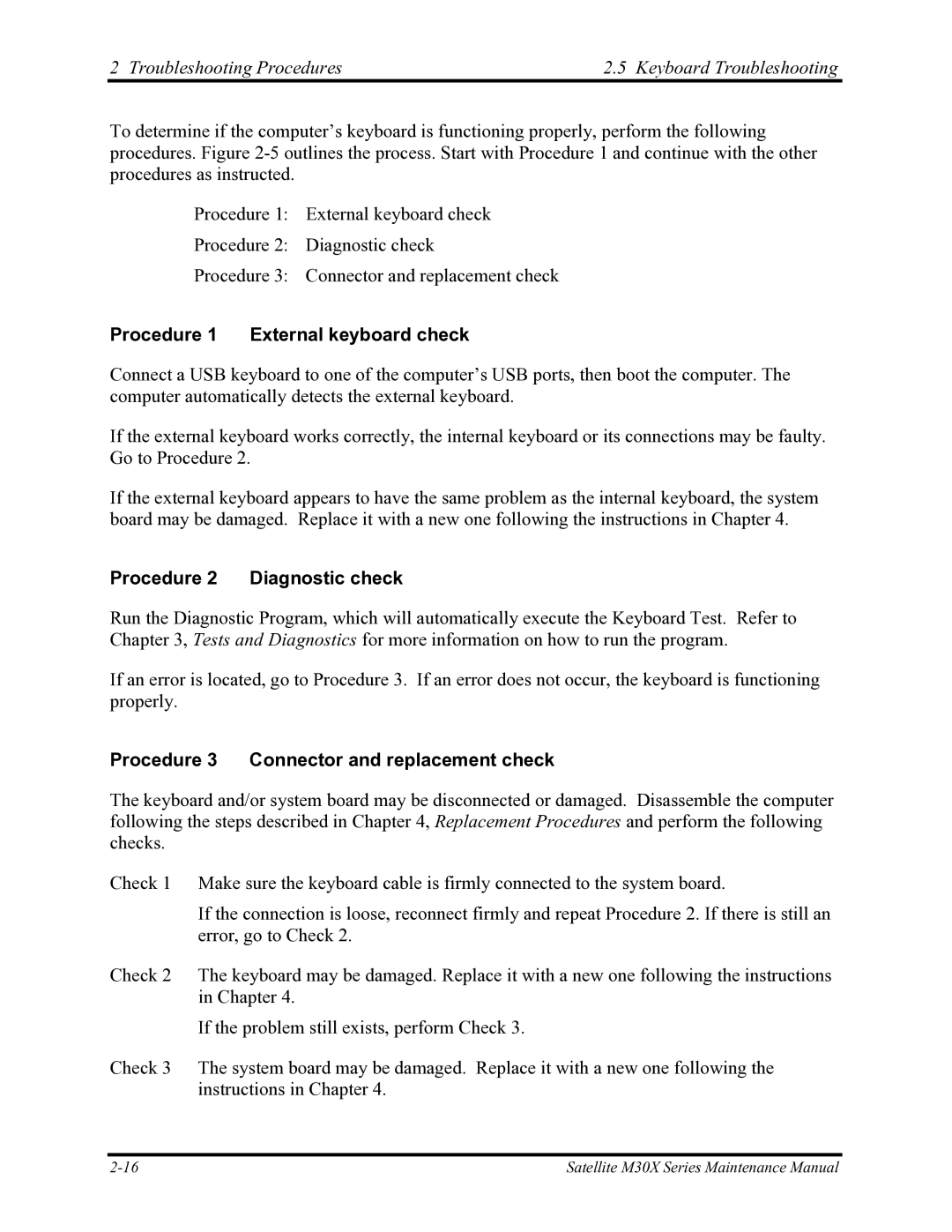 Toshiba Satellite M30X manual Troubleshooting Procedures Keyboard Troubleshooting, Procedure 1 External keyboard check 