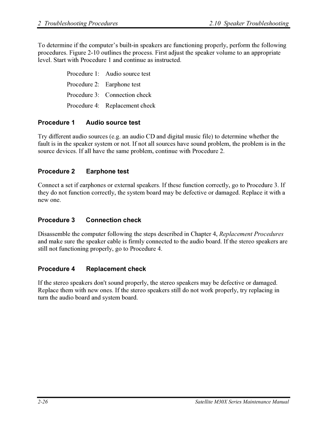 Toshiba Satellite M30X manual Troubleshooting Procedures Speaker Troubleshooting, Procedure 1 Audio source test 