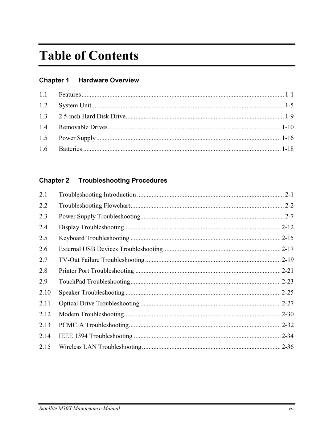 Toshiba Satellite M30X manual Table of Contents 