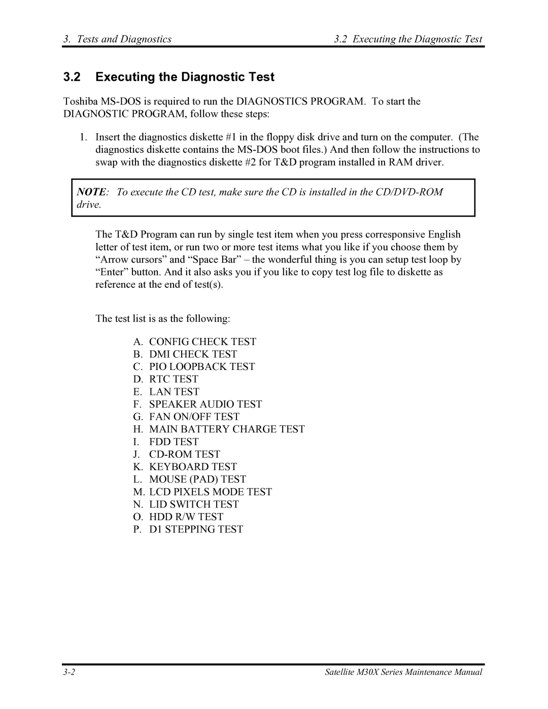 Toshiba Satellite M30X manual Tests and Diagnostics Executing the Diagnostic Test 