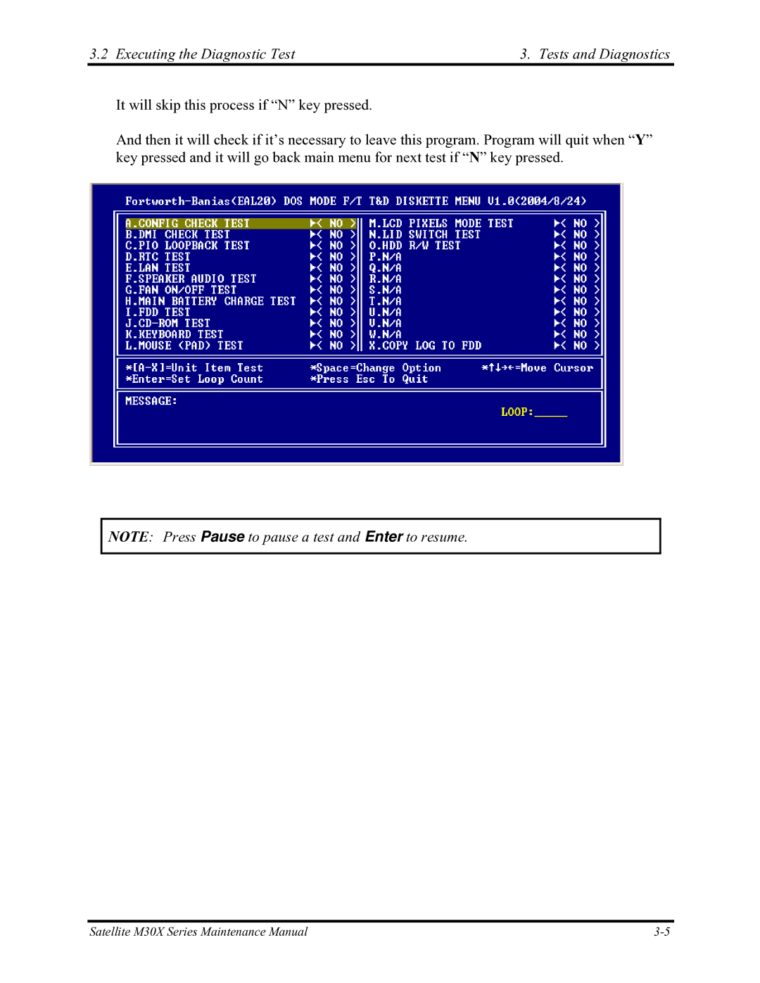 Toshiba Satellite M30X manual Executing the Diagnostic Test Tests and Diagnostics 