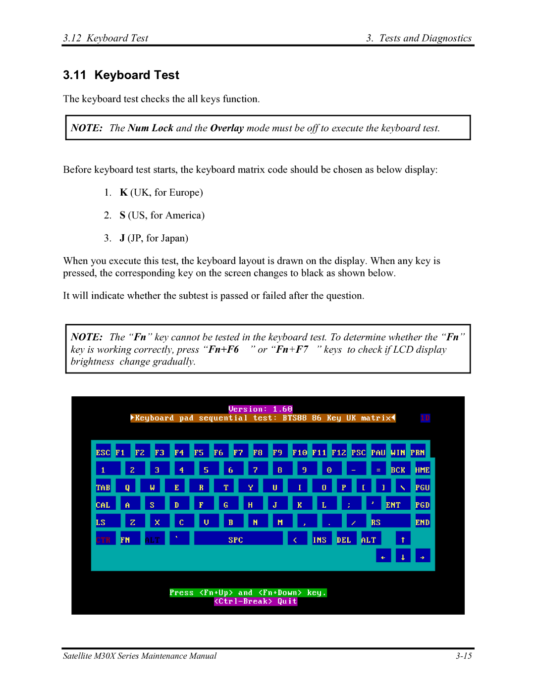 Toshiba Satellite M30X manual Keyboard Test Tests and Diagnostics 