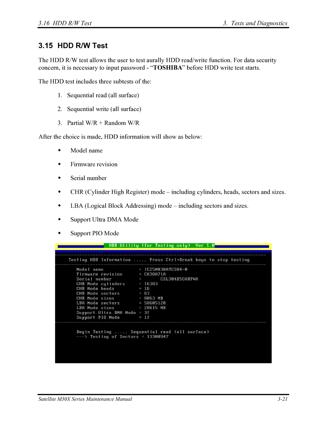 Toshiba Satellite M30X manual HDD R/W Test Tests and Diagnostics 