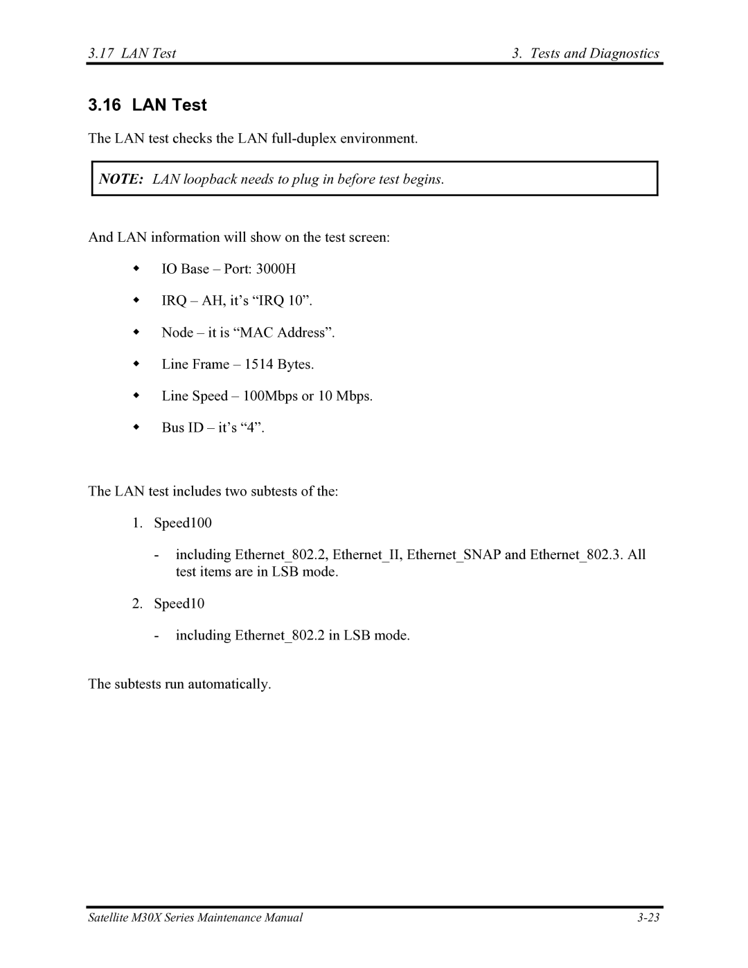 Toshiba Satellite M30X manual LAN Test Tests and Diagnostics 