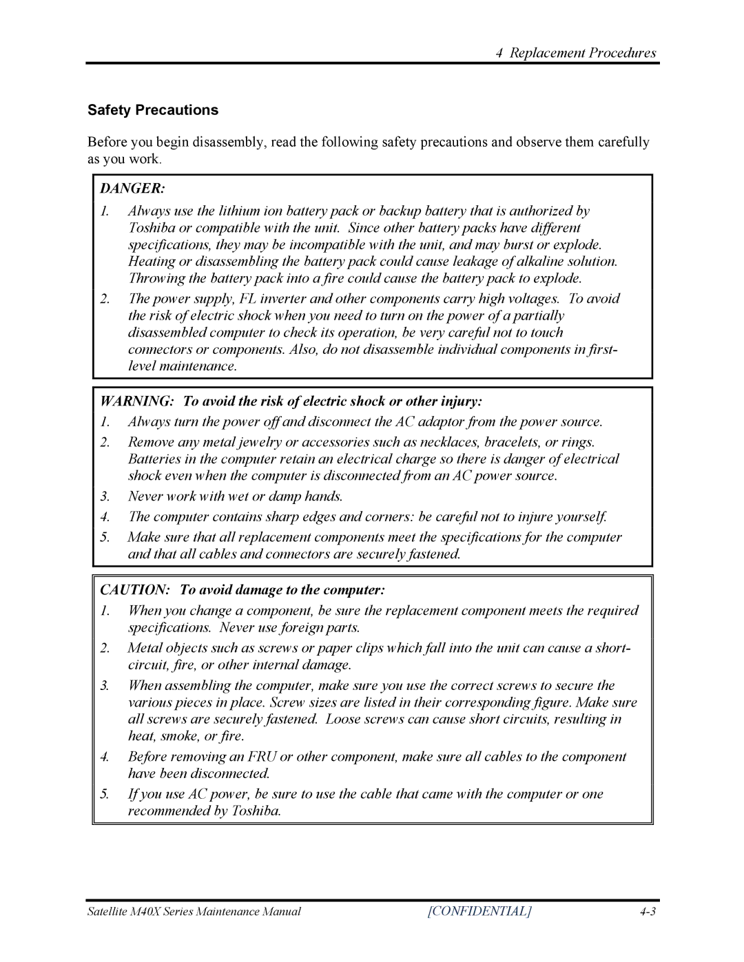 Toshiba Satellite M40X manual Safety Precautions 