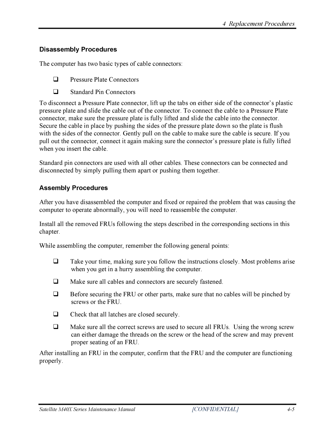 Toshiba Satellite M40X manual Disassembly Procedures, Assembly Procedures 