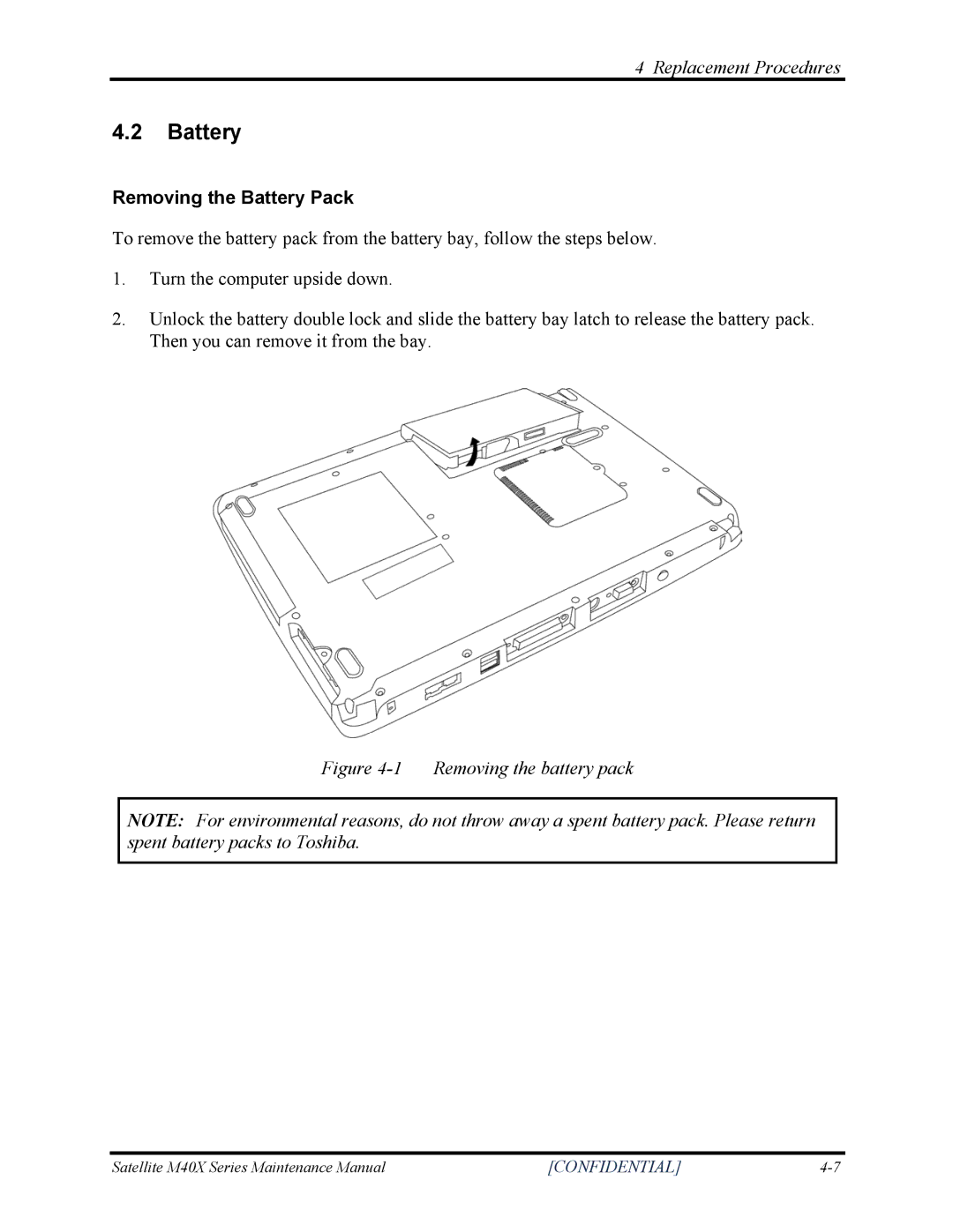 Toshiba Satellite M40X manual Removing the Battery Pack 