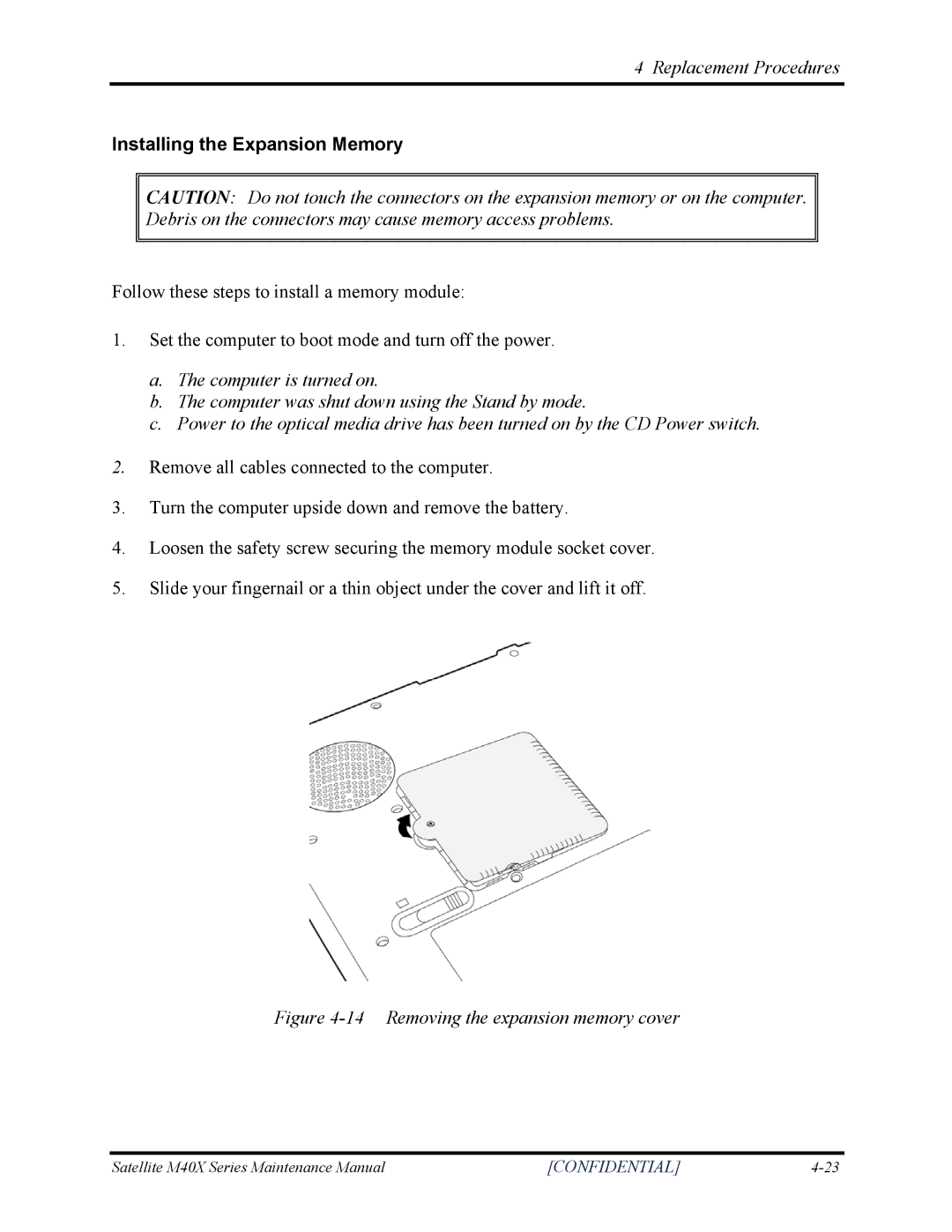 Toshiba Satellite M40X manual Installing the Expansion Memory, Removing the expansion memory cover 