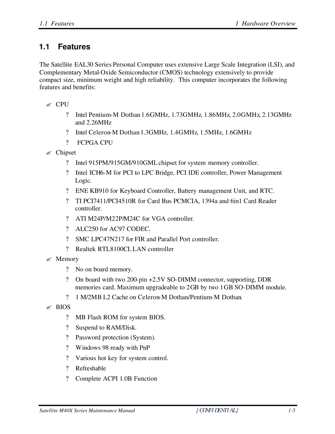 Toshiba Satellite M40X manual Features Hardware Overview 