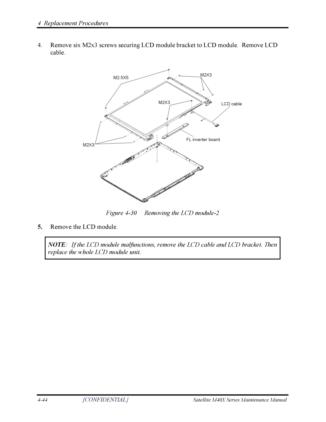 Toshiba Satellite M40X manual Removing the LCD module-2 