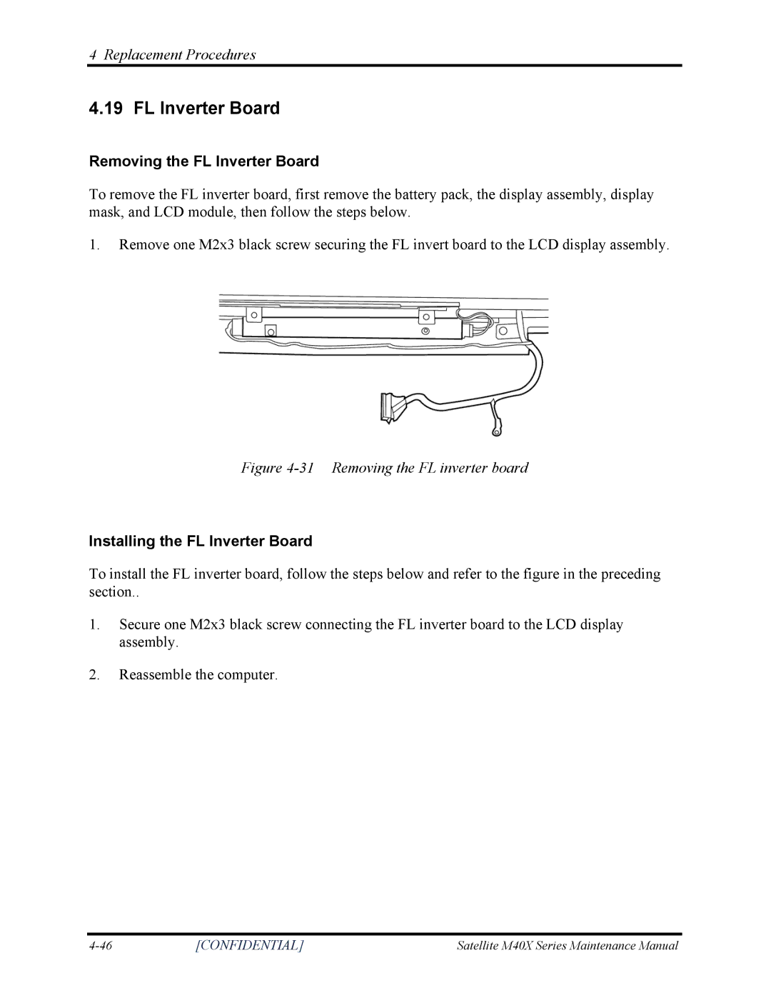 Toshiba Satellite M40X manual Removing the FL Inverter Board, Installing the FL Inverter Board 
