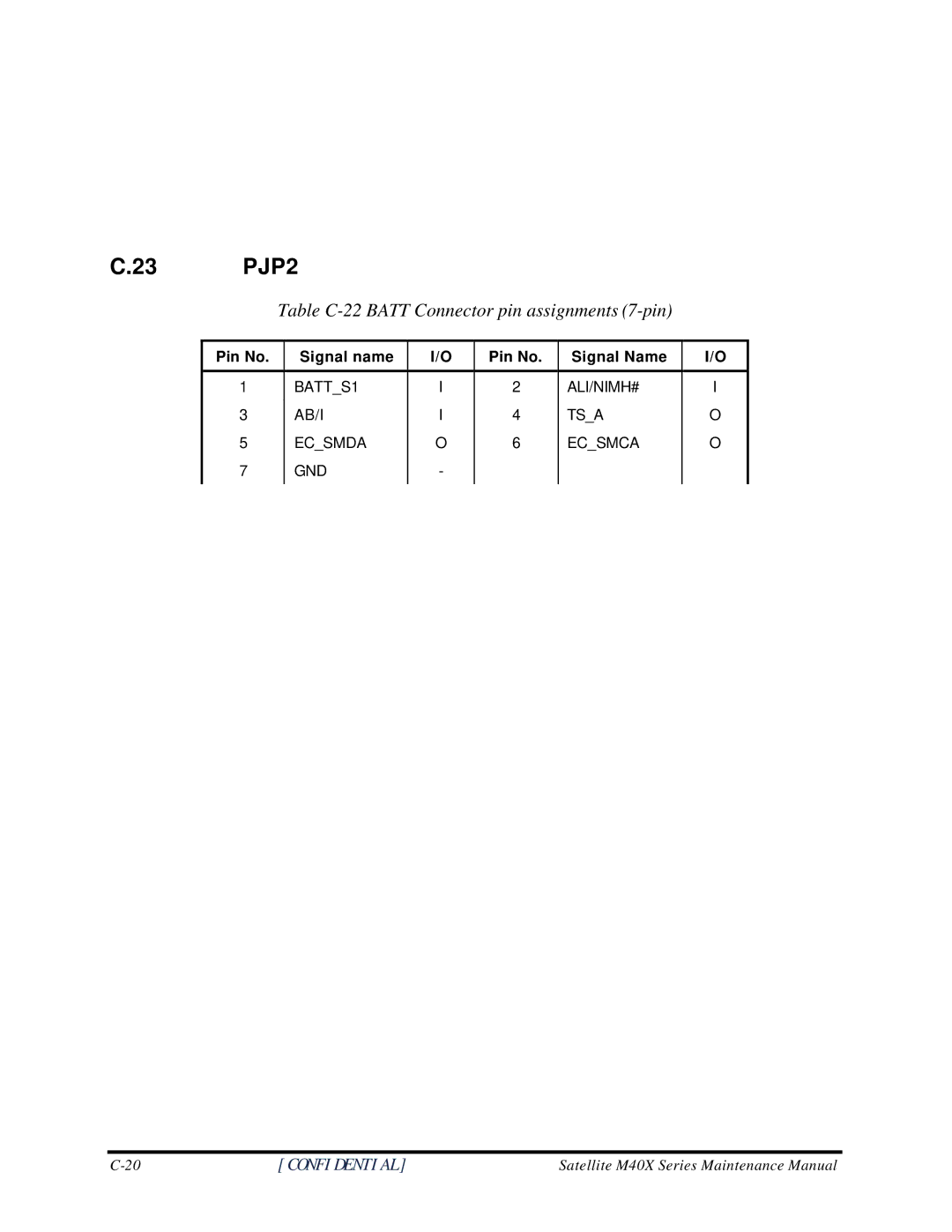 Toshiba Satellite M40X manual 23 PJP2, Table C-22 Batt Connector pin assignments 7-pin 