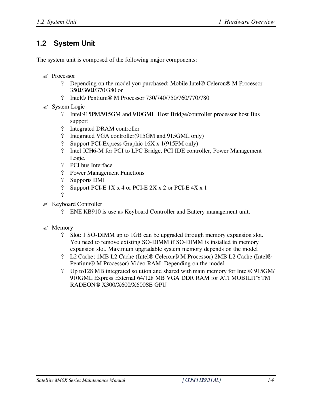 Toshiba Satellite M40X manual System Unit Hardware Overview 