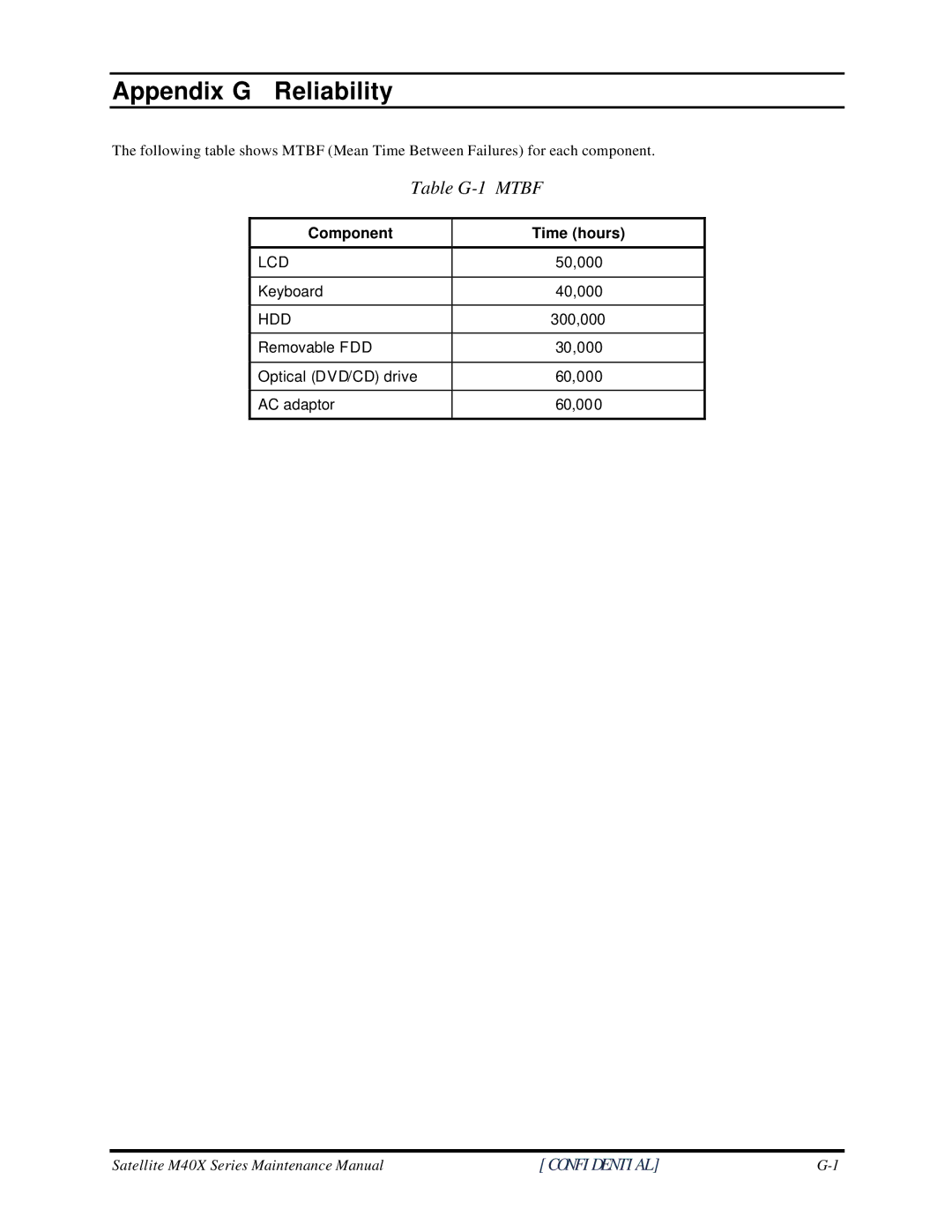 Toshiba Satellite M40X manual Appendix G Reliability, Table G-1 Mtbf 