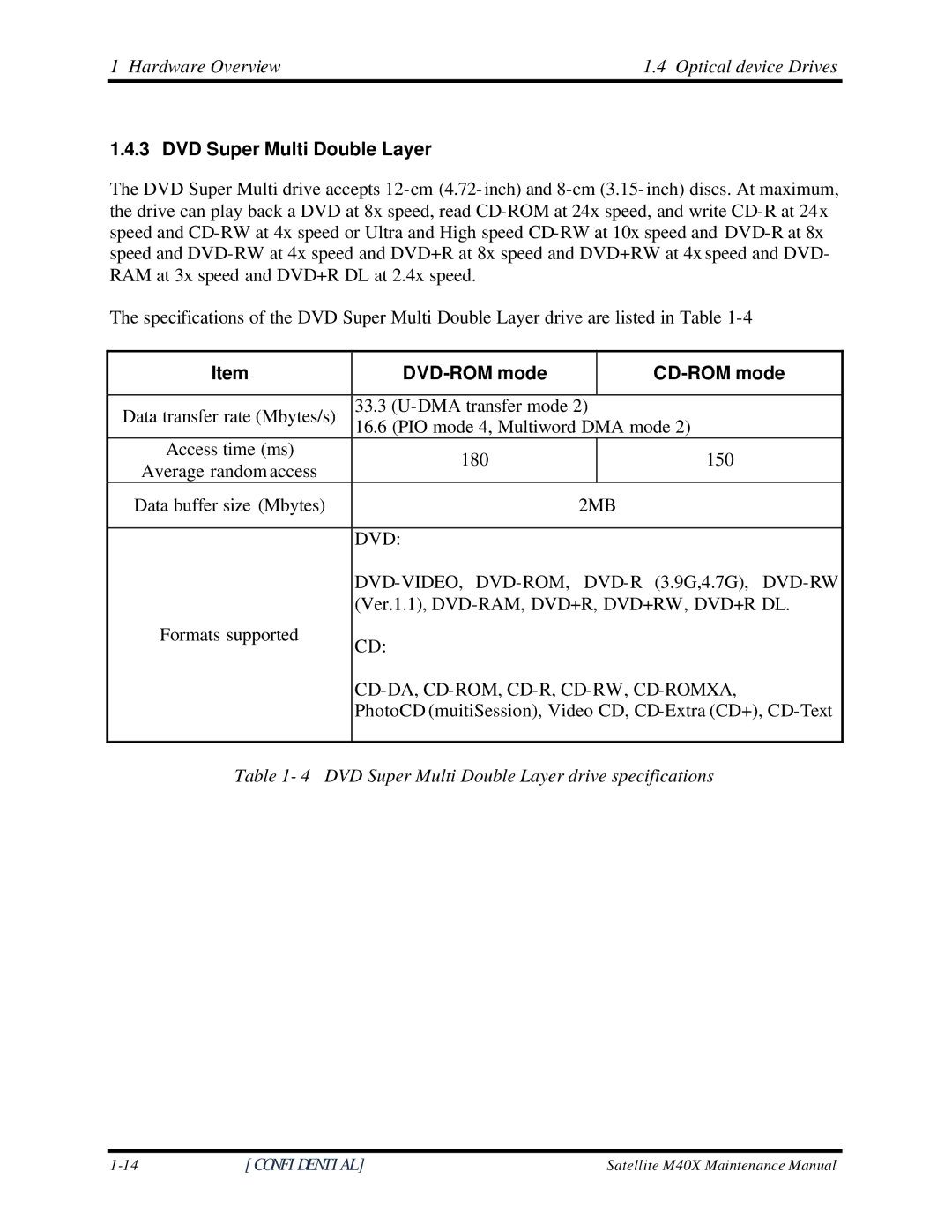 Toshiba Satellite M40X manual DVD Super Multi Double Layer drive specifications 