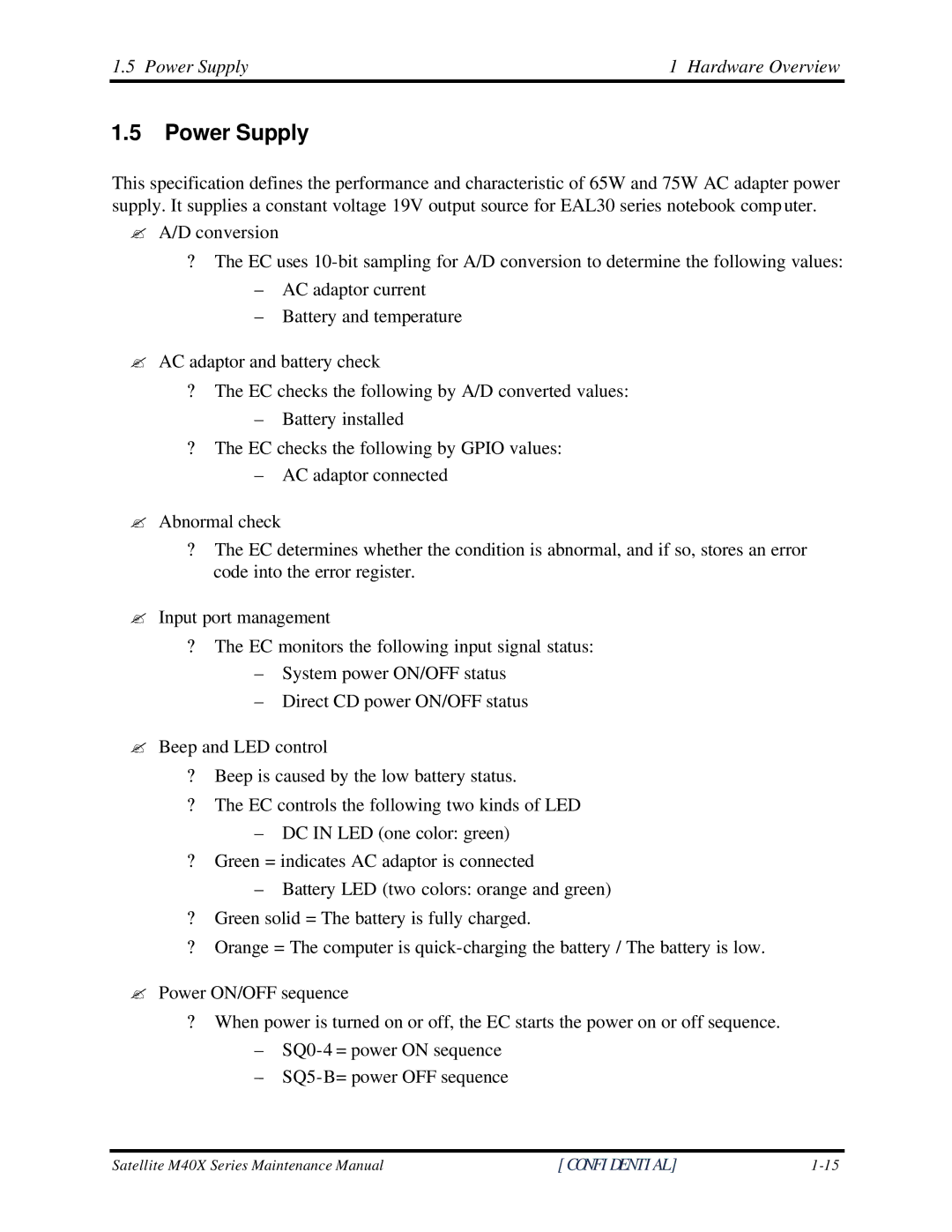 Toshiba Satellite M40X manual Power Supply Hardware Overview 