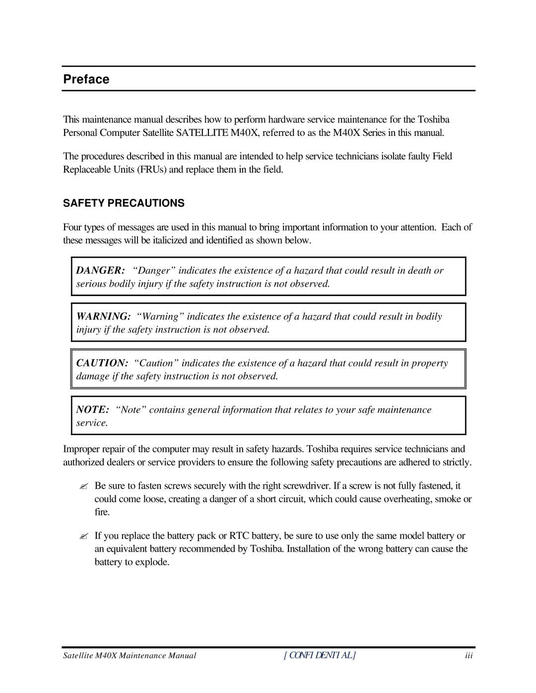 Toshiba Satellite M40X manual Preface, Safety Precautions 