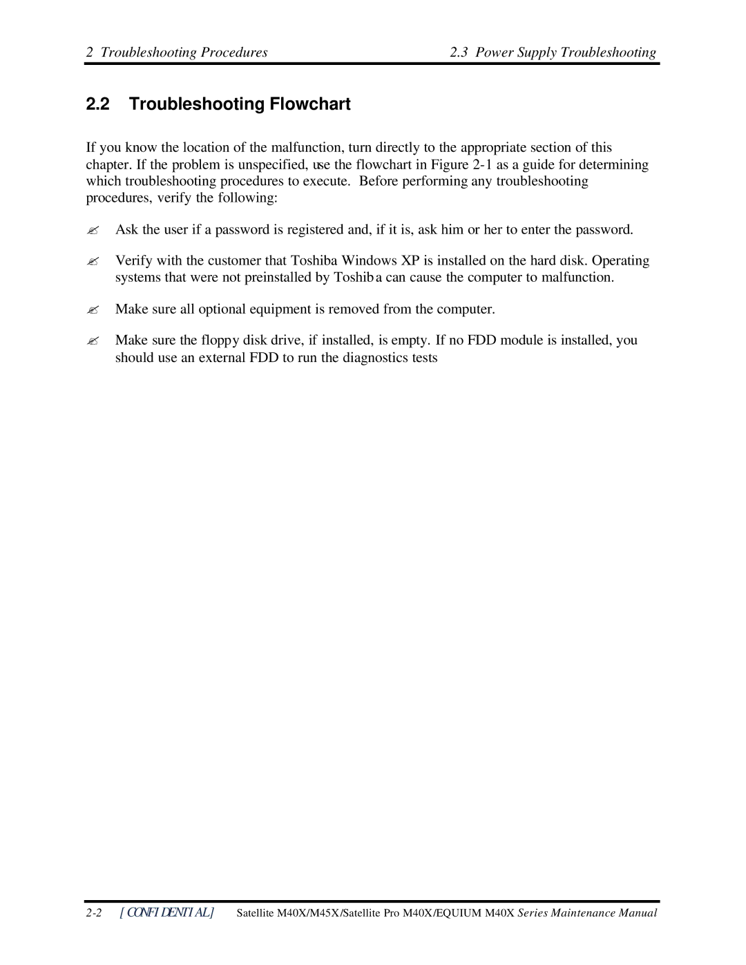 Toshiba Satellite M40X manual Troubleshooting Flowchart, Troubleshooting Procedures Power Supply Troubleshooting 