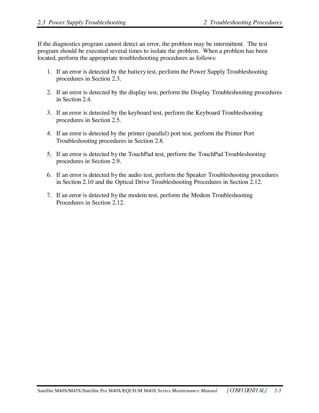 Toshiba Satellite M40X manual Power Supply Troubleshooting Troubleshooting Procedures 