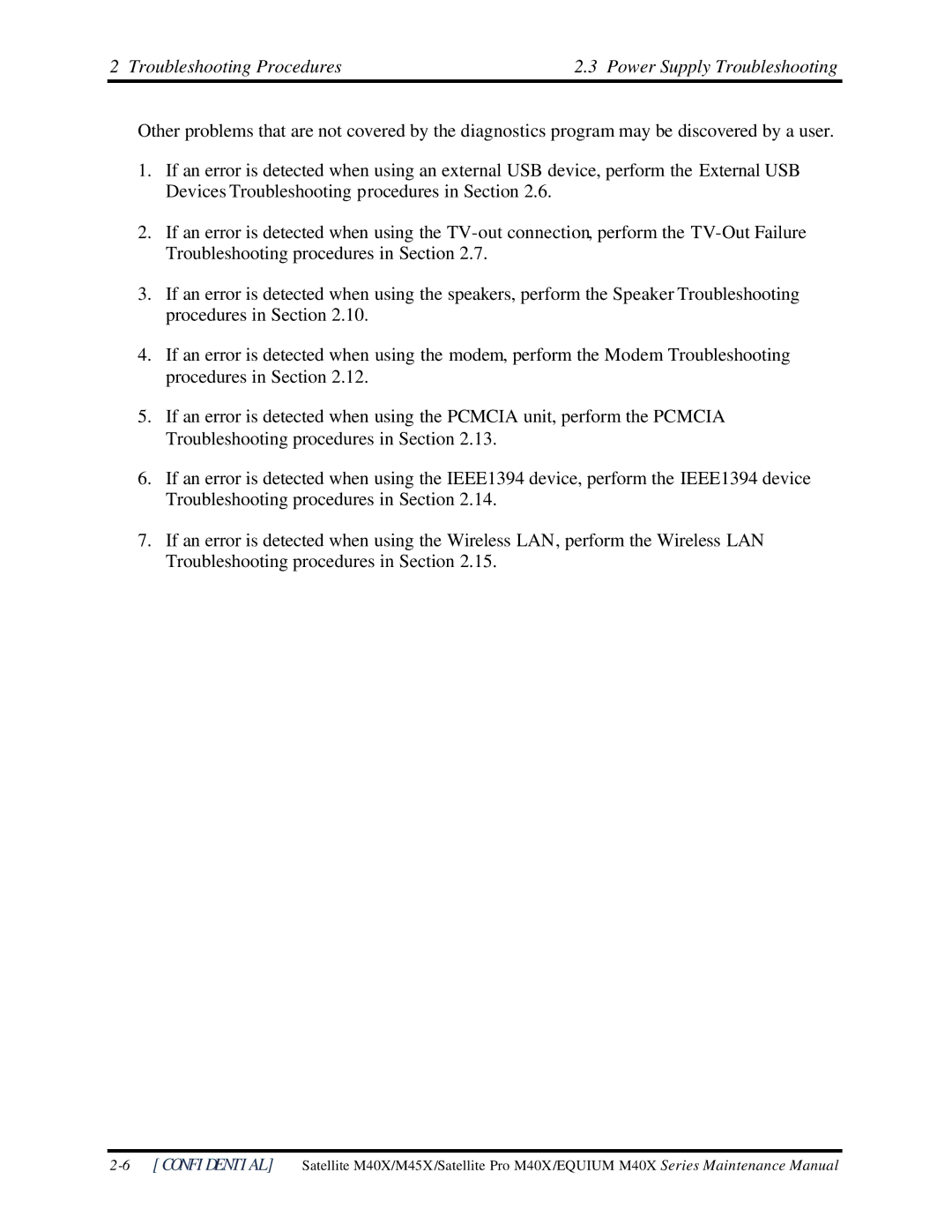 Toshiba Satellite M40X manual Troubleshooting Procedures Power Supply Troubleshooting 